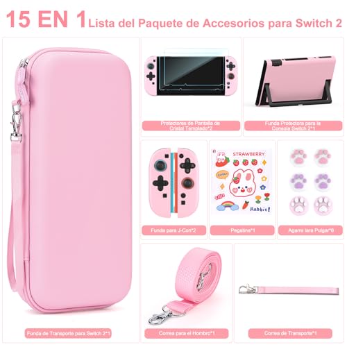 Younik Funda Switch 2 para NS Switch 2 (2025), Kit de 15 en 1 Accesorios Incluye Funda de Transporte con 19 Ranuras para Tarjetas de Juego, Carcasa Protectora para Consola y J-Con (Rosa) - imagen 3
