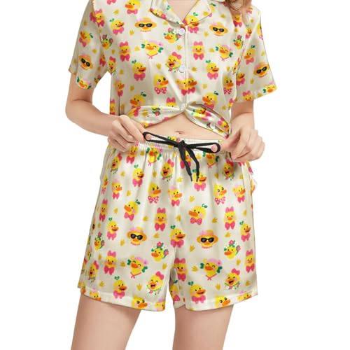 Image of Funny Pajamas for Women Set Print Satin Loungewear Pjs Short Sleeve Button Down Top and Shorts Sets Sleepwear XS-3XL
