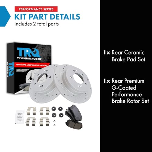 Image of TRQ Performance Rear Brake Pad and Rotor Set Ceramic Coated Drilled Slotted Rotors Compatible with 2015 Hyundai Sonata 2014-2016 Kia Cadenza