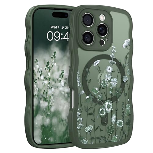 Coque motif floral iPhone 16 Pro avec bords en vagues esthétiques et magnétiques