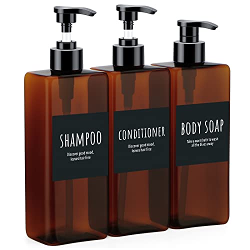 Segbeauty 16.9oz Shampoo Bottles, 3pcs 500ml Pump Press Shower Containers with Labels, Empty Refillable Shampoo Body Soap Conditioner Shower Gel Plastic Bathroom Press Lotion Dispenser Amber