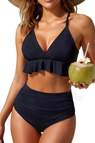 Tempt Me Women High Waisted Ruffle Bikini Set Two Piece Swimsuits Flounce Tummy Control Bathing Suit Black M