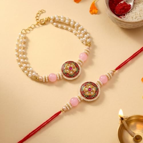 Image of Traditional Meenakari Kundan Bhaiya Bhabhi Rakhi Set | Elegant Lumba Bracelet for Bhabhi and Designer Bracelet for Bhaiya | Premium Rakshabandhan Gift Set
