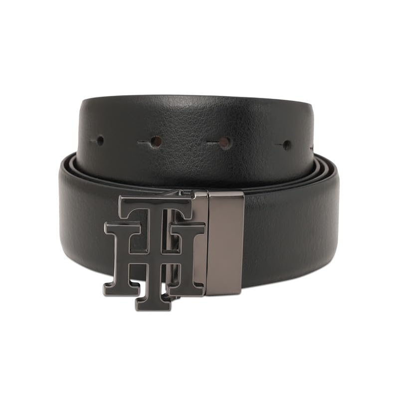 tommy hilfiger Athlone Men's Leather Reversible Belt | 3.5Cm Solid Belt With Brushed Brass & Matte Black Enamel Th Sherif Buckle | Size - S 80Cm-picture-30