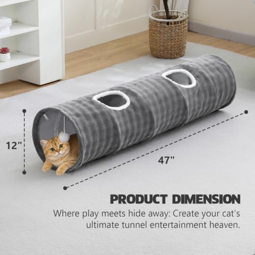 Image of Straight Bubble Cat Tunnel for Indoor Cats 47 inchx12 inch, Grey | Cute Cat Toys, Collapsible Tunnel Tube with Hanging Balls for Puppy Kitten Rabbit