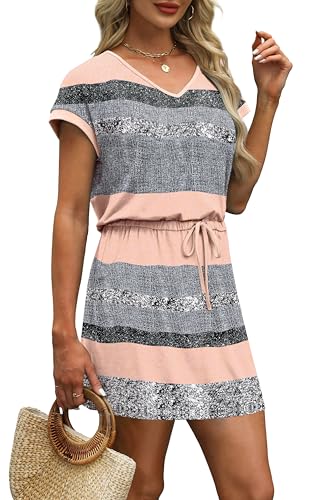Image of OFEEFAN Summer Dresses for Women 2026 V Neck T Shirt Casual Mini Dresses Tie Waist Sundresses with Pockets