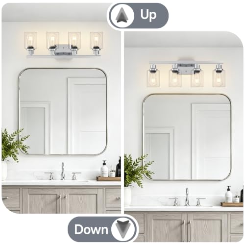 Image of 4-Light Chrome Vanity Lights,24 inch Bathroom Light Fixtures | Modern Polished Chrome Bathroom Lighting over Mirror with Clear Glass Shades,Farmhouse Bathroom Wall Sconece over Sink,E26