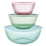 Pyrex Colors Tinted (3-Pack, Full Set) Sculpted Tinted Glass Mixing Bowls With Lids, Nesting Space Saving Set of Bowls For Prepping and Baking, 1.3QT, 2.3QT & 4.5Q, Aqua