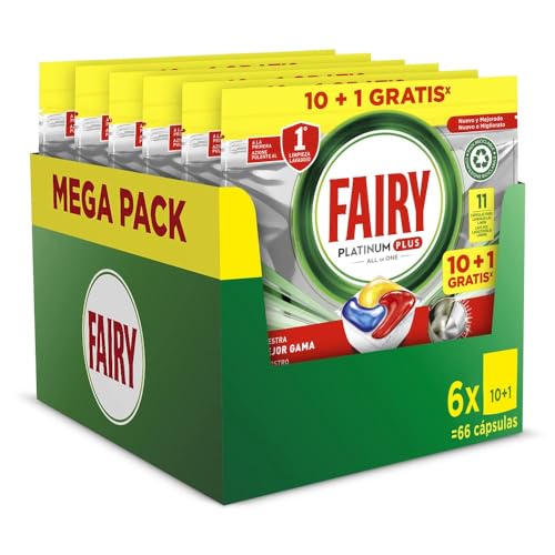 Fairy Platinum Plus Todo en Uno Pastillas Lavavajillas, 66 Capsulas Lavavajillas (6 x 11), Limpieza Profunda y Extra Brillo, Fragancia Limon