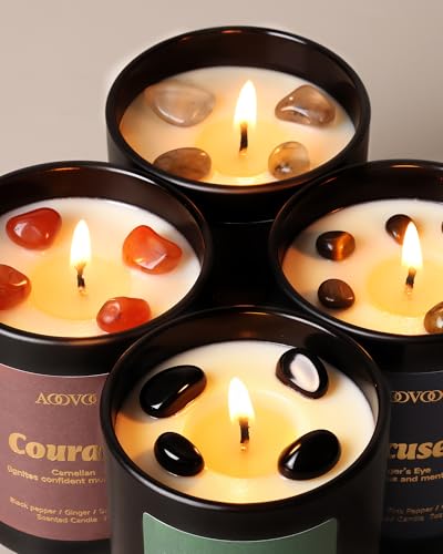 Image of AOOVOO Crystal HEAL Candles Set - 4 Pack Candles for Home Scented | Candle with Crystals, Obsidian for Resilient /Tiger's Eye for Focused /Carnelian for Courage /Smoky Quartz for Grounded