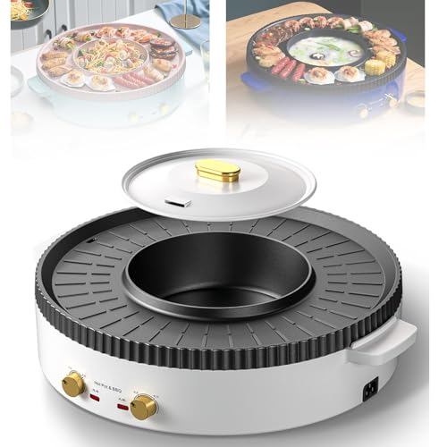 Parrilla eléctrica para interiores, combo de parrilla eléctrica 2 en 1 y olla caliente, sartén eléctrica antiadherente, doble temperatura, conveniente capacidad de horneado interior para 2-6 personas
