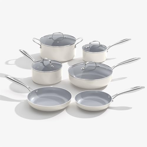 FELAMP Ceramic Nonstick Cookware Set, 10-Piece Non Toxic Pots and Pans Set with Glass Lids, PFOA-Free Healthy Kitchen Ware, Induction Compatible & Oven Safe, Easy Clean Dishwasher Safe - Cream White by FeLamp - Used condition - US$159.99