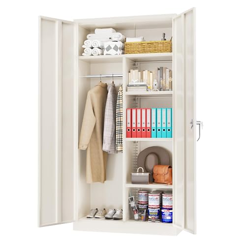 Image of INTERGREAT Metal Wardrobe Cabinets with Lock,Clothing Locker 72 inch X 36 inch X 18 inch Storage Cabinets with Doors and Adjustable Shelves,Tall Steel Storage Locker for Home, School, Office,Bedroom (Grey)