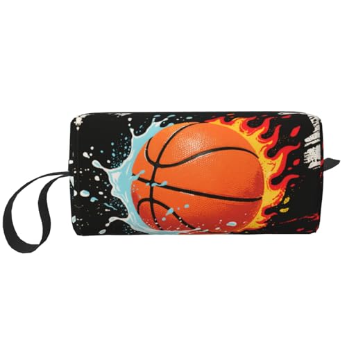 OLUSENMO Flame & Splash Basketball Makeup Bag Small Compact & Durable Travel Cosmetic Bag Organizer Oxford Fabric Impact-Resistant Multi-Purpose Storage Perfect for Travel, Gym, Daily Use