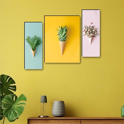 Image of SAF Modern Abstract Wall Painting - 3 Panel Ice Cream Cone Art with Leaves, Pineapple & Flowers | Quirky Contemporary Wall Decor for Living Room, Bedroom, Cafe, Office (20 x 12 Inch) JM-36112