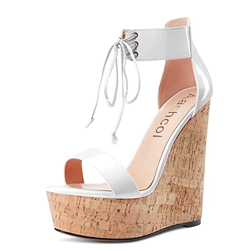 Aachcol Women Platform Wedge Sandals Round Peep Open Toe Lace-up Ankle Strap Slingback Two-Piece Chunky Block High Heel Dress Shoes Pumps Party Patent 6 Inch