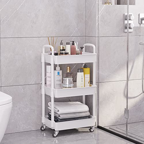 Buzowruil 3-Tier Utility Rolling Plastic Storage Cart Trolley With Lockable Wheels,Multifunctional Storage Shelves For Kitchen Living Room Office,White #TOP3