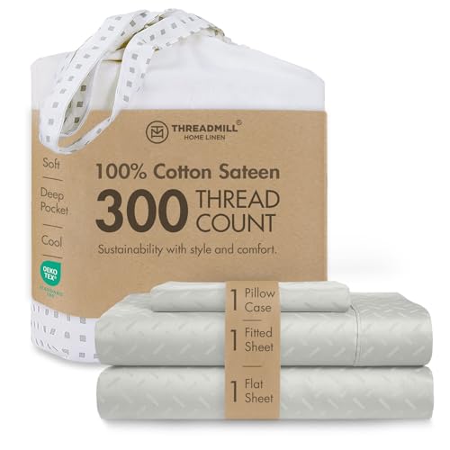 Image of Threadmill 300TC Cotton Twin XL Sheet Set, Sateen, Jacquard, Light Grey | 100% Cotton, Sateen Weave, Jacquard Pattern, 3-Piece Set, 16 inch Deep Pocket, Cooling, Breathable, OEKO-TEX Certified