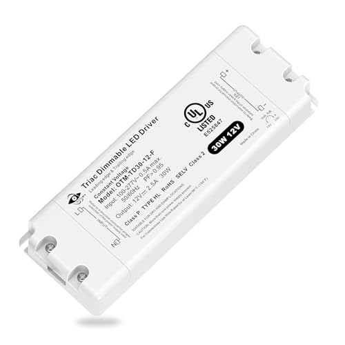 Image of 30W 12V LED Driver Triac Dimmable, Constant Voltage Power Supply, AC 100-277V to DC 12V Low Voltage Transformer for LED Strip Lights, Compatible with Lutron Leviton Dimmers, Class 2, UL Listed