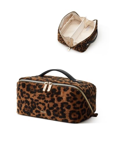 Image of EACHY Travel Makeup Bag, Large Capacity Cosmetic Bag for Women, Waterproof PU Leather, Flat Open Portable Toiletry Bag for Skincare, Brushes & Travel Essentials