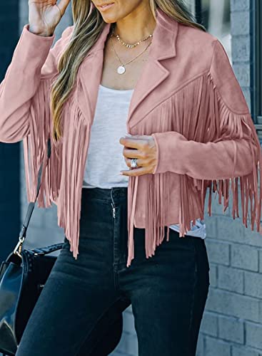 Lafouram Women's Fringe Jacket Suede Faux Leather Motorcycle Crop Tops Western Outfit For Cowgirl Light Pink Medium #TOP1