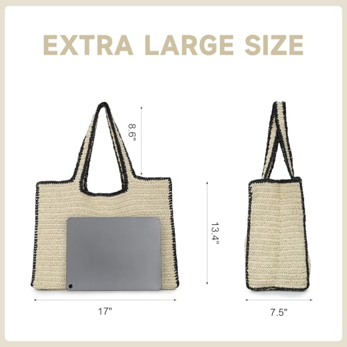 Image of Fecialy Women Large Straw Tote Handbag Hand Woven Summer Beach Shoulder Bag Chic Casual Travel Vacation Bags