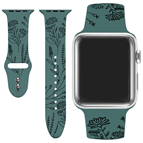 DMMG Apple Watch Band Compatible Ladies 45/44/42mm, Ladies Floral Laser Soft Silicone Print Fade-Free Pattern Replacement Strap for iWatch Series 7 6 5 4 3 2 1 SE/Pine Green