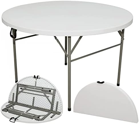 Gnomiya 4FT Round Folding Table, Heavy Duty HDPE Plastic Portable Round Table, Utility Indoor Outdoor Foldable Dining Table
