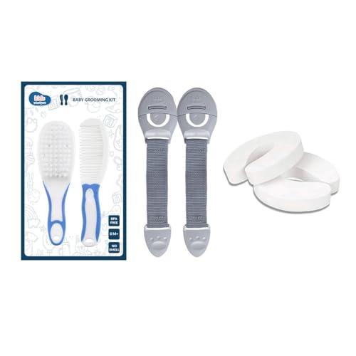 Image of Chipmunks Baby Proofing Finger Pinch Door Guard for Kids Safety, Made in India, Door Stopper Guard for Accidental Door Lock & Slamming for Child, Babies & Pet Safety (Multi, 2 Lock Grey+2 Door Stopper+1 Grooming Kit Blue)