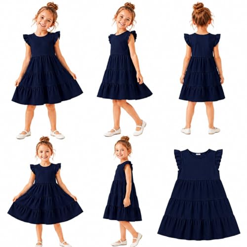Image of HILEELANG Girls Cotton Tiered Dress Flutter Ruffle Sleeve Summer Swing Sundress Birthday Party Casual Outfit Colorblock 2-12Y