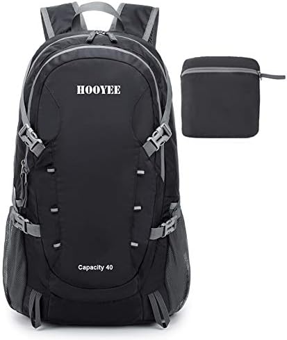 HOOYEE 40L Lightweight Foldable Water-Resistant Ripstop Nylon Hiking Backpack Daypack (Black)