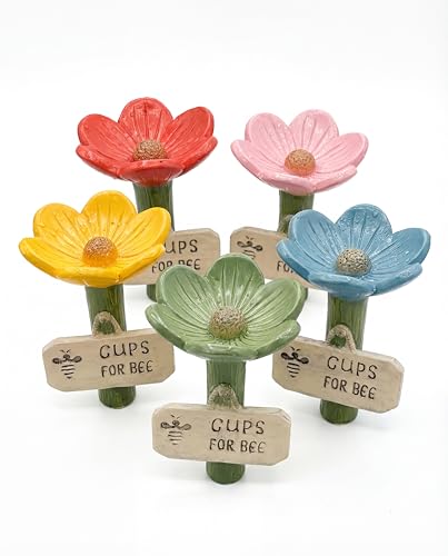 Bee Watering Cups 5-Pack Ceramic Flower Bee Feeder Station for Garden Cute Pollinator Water Bowl with Sign Outdoor Yard Patio Decor Gift for Nature Lovers (Colorful Set)
