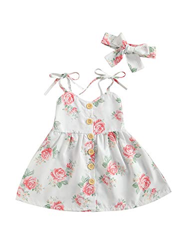Toddler Baby Girl Dress Sleeveless Halter Floral Sundress Button Down Skirt Summer Outfit Clothes Playwear (White, 18-24 Months)
