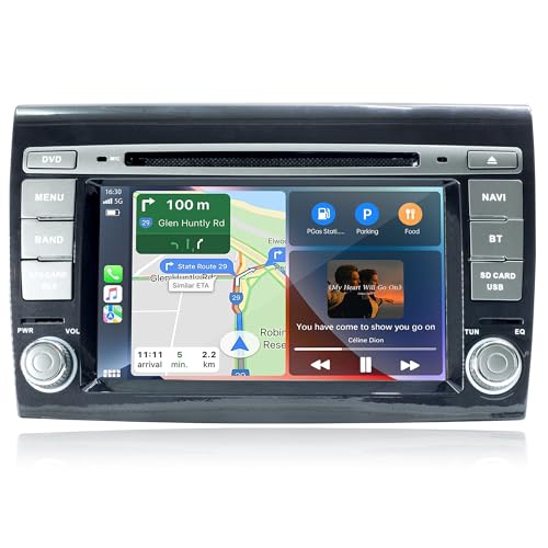 Radio de Coche Android 7 Pulgadas para Fiat Bravo 2007–2014, Apple CarPlay con Cable & Android Auto, Navegación GPS, Bluetooth, WiFi, Radio FM, Control del Volante, Reproductor CD, 2GB RAM + 16GB ROM