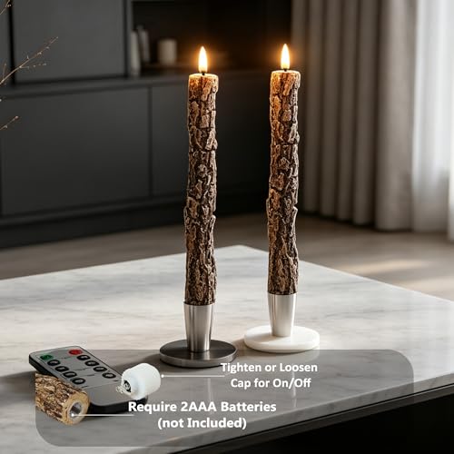 Image of LED 9.84 inch Flameless Taper Candles with Tree Bark Effect Battery Operated Real Wax Flickering Candlesticks with Remote Control and Timer Rustic Primitive Lights Decor Vintage Candles, Pack of 2