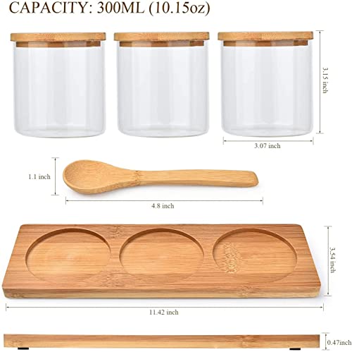 Hovico Condiment Container Seasoning Box Set,With Wooden Spoon Lid And Base,Salt Sugar Spice Pepper Glass Condiment Container Jar Set Of 3 #TOP1
