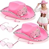 Pumtus 2 Pack Pink Cowgirl Hat with Heart Glasses, Pink Sequin Cowboy Princess Hat with Crown Tiara Design, Halloween Western Women Costume Accessories, Fun Party Hats and Goggles for Adults