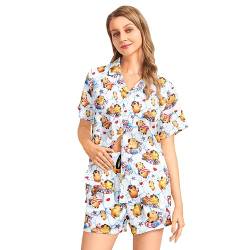 Image of Funny Pajamas for Women Set Print Satin Loungewear Pjs Short Sleeve Button Down Top and Shorts Sets Sleepwear XS-3XL