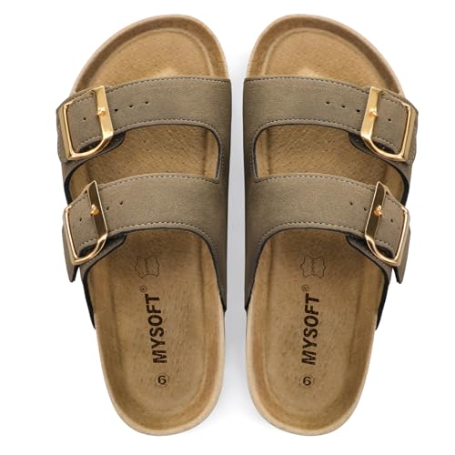 mysoft Womens Flat Sandals Cork Footbed Slides 2 Straps Adjustable Buckle Slip On Summer with +Comfort Shoes2
