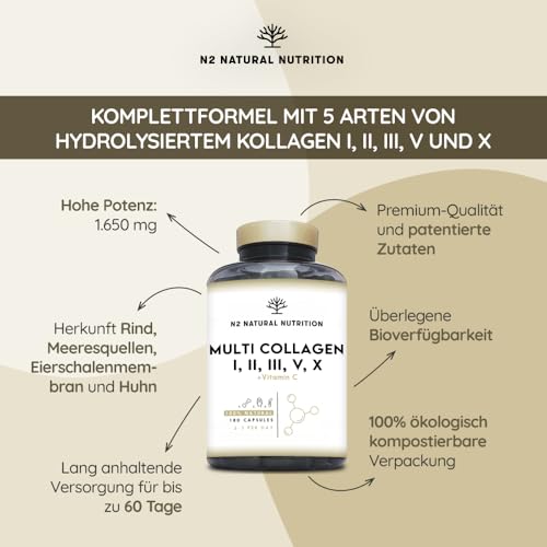 Multi Kollagen Kapseln Hochdosiert 1650mg Angereichert mit Vitamin C. Hydrolysierte Collagen Peptide Typ I, II, III, V, X. 180 Kapseln. Für Haut, Haare, Knochen & Gelenke. N2 Natural Nutrition