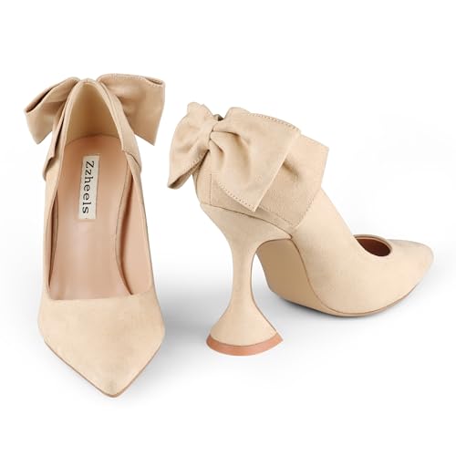 Image of Zzheels Women's Bow Heels Pointed Toe Chunky Pumps | Back Bow, Flare Heels, Block Heels, Bridal Wedding Shoes
