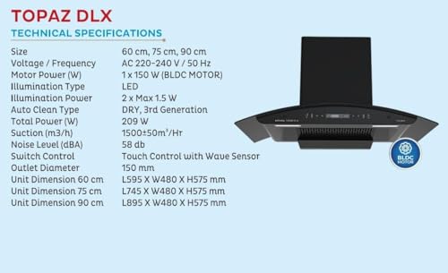 Image of Topaz DLX Kitchen Chimney, 90 cm, 209W, 1500 m /Hr, Touch Control, LED Illumination