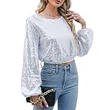 SPSHODOW Women Sequin Top, Balloon Long Sleeve Glitter Party Top Disco Sparkle Crop Top Sequin Blouse for Concert Party