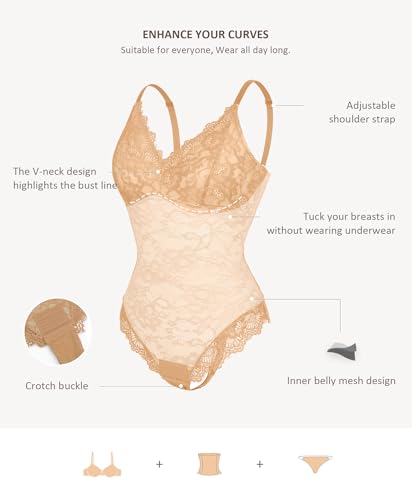 Image of FeelinGirl Shapewear Bodysuits for Women Lace Shapewear Tummy Control V-Neck Sleeveless Bodysuit Tops Jumpsuit