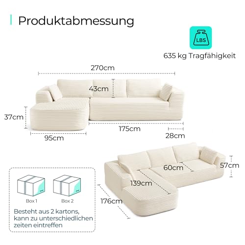 LINSY HOME Ecksofa mit Schlaffunktion - 270cm Corduroy Modulares Schlafsofa, L Form Couch, Sofa 3 Sitzer mit Ottomane, Sektionssofas für Wohnzimmer, Keine Montage erforderlich, Beige