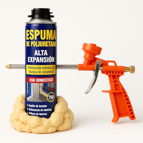 Espuma de poliuretano, poliuretano para pistola, De alta expansión, Apto para fijar, rellenar y aislar frente a ruidos, frío y corrientes de aire, inluye pistola, Contiene 750 ml