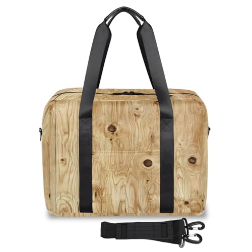 Wood Grain Travel Duffel Bag for Men Women Beige Wooden Sports Gym Bag Waterproof Weekender Overnight Bags Foldable Carry on Backpack for Swim Yoga Fitness Workout