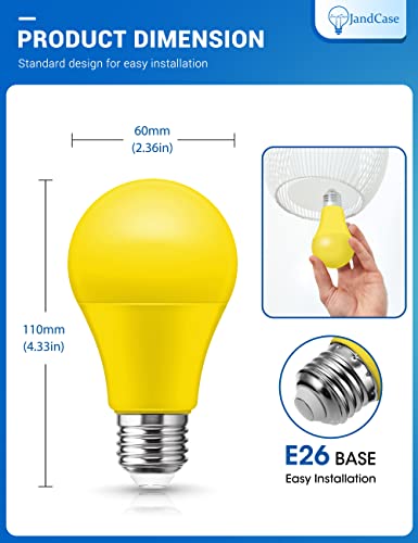 Jandcase Yellow Led Bulbs A19, Bug Light Bulbs, Outdoor Porch Lights, 70W Equivalent, Amber Bug Light Bulbs, E26 Base, 9W, For Hallway, Porch, Party Decoration, Holiday Lighting, 6 Pack #TOP6