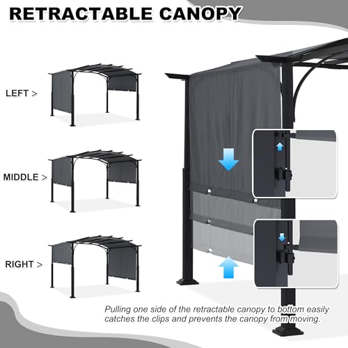 Image of MASTERCANOPY 10x10 ft Retractable Pergola with Sun Shade Canopy, Heavy Duty Metal Garden Pergola with Rustproof Steel Frame, Dark Grey