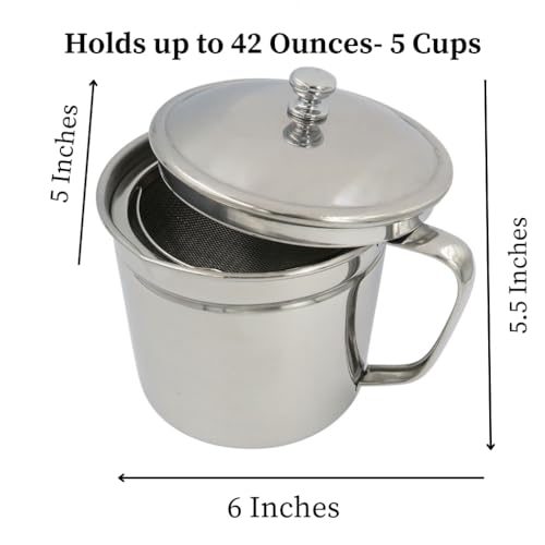 Image of Evelots Oil Storage Can Strainer-Container-Bacon Grease Keeper - Stainless Steel - 5 Cups